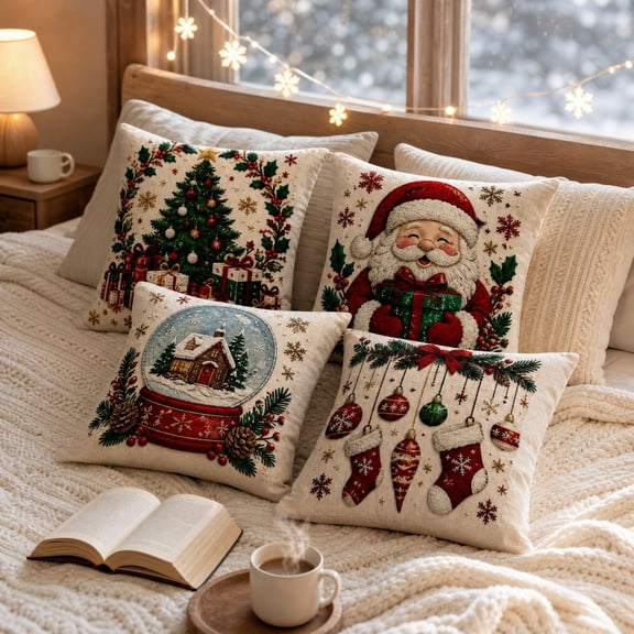 Eolstice 4 Pack Christmas Throw Pillow Covers, Stereo Embossed Holiday Cushion Slipcovers, Pillow Cases with Hidden Zipper for Sofa, Couch