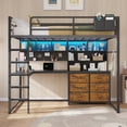 thumbnail image 6 of Metal Loft Bed Twin Size with Desk, 6 Storage Drawers and Bookshelf, Loft Twin Bed Frame with USB Charging Station, LED Lights, Storage Shelf, Full-Length Guardrail & Ladder, Black, 6 of 9
