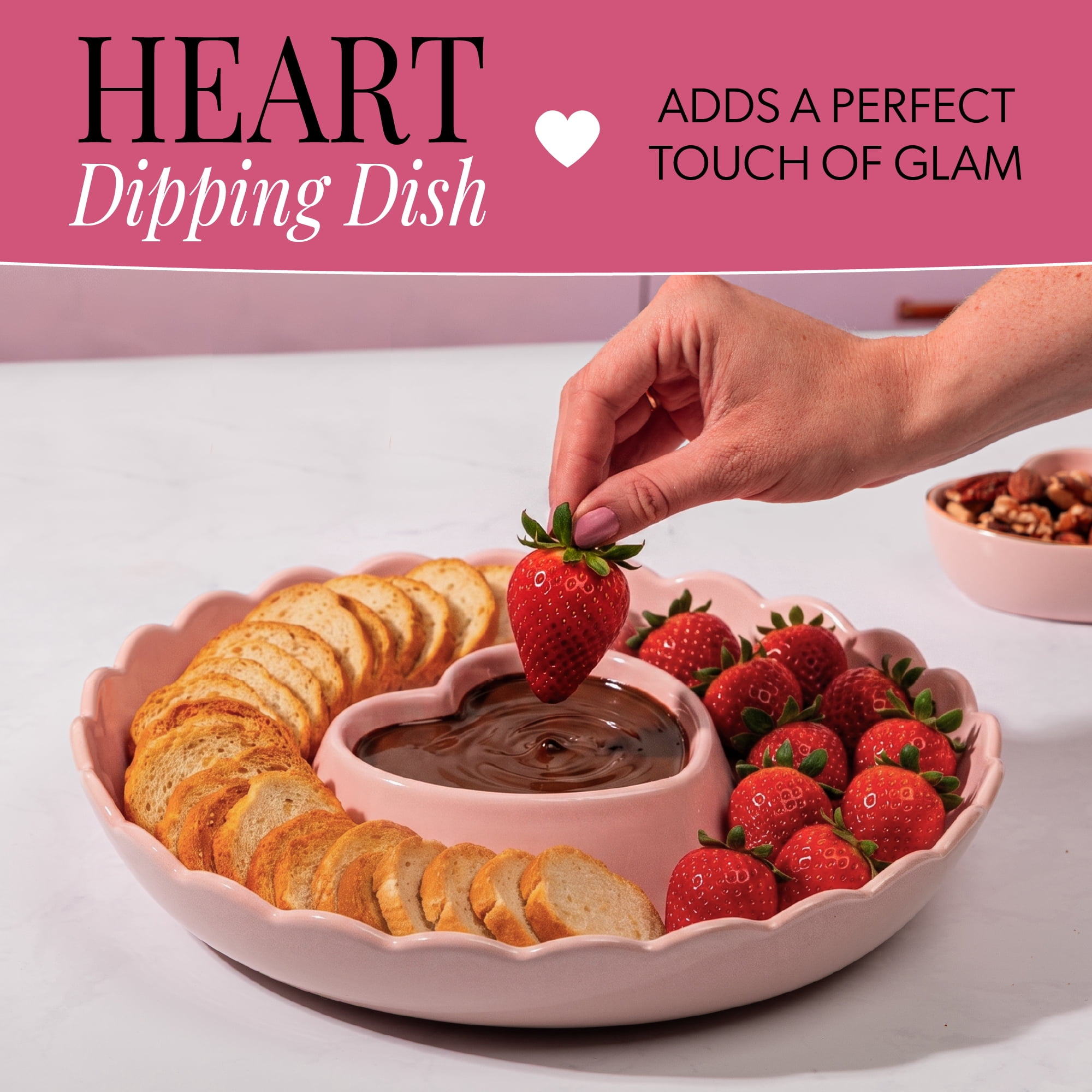 Paris Hilton Ceramic Stoneware Chip and Dip Serving Tray, 12-Inch, Scalloped Rim, Microwave and Dishwasher Safe, London Pink