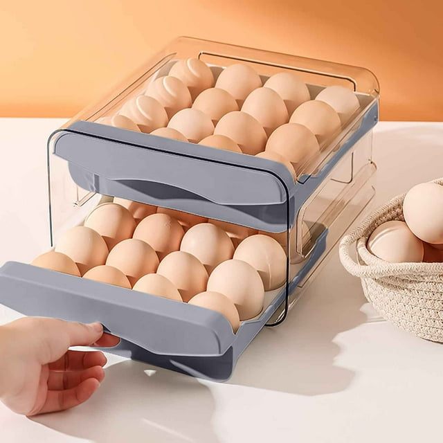 Organizador de refrigerador con rejilla deslizante para guardar huevos, soporte de plástico de 4 capas para huevos con protección anticaídas y diseño que ahorra espacio para la encimera de
