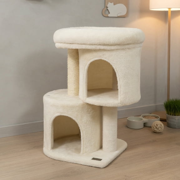 Resenkos 26-Inch Compact Cat Tower with Large Padded Perch and Two Condos, Beige