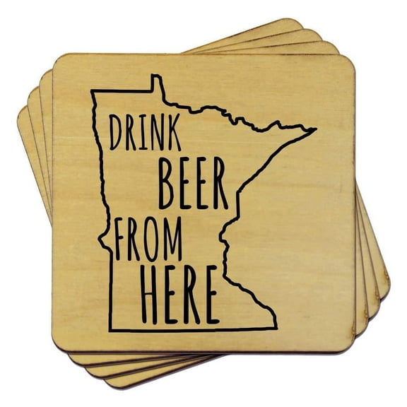 Torched Wood Drink Beer Coaster (Set of 4) Minnesota Map 4"x4" Brown