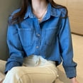 thumbnail image 5 of QATAINLAV Women's Long Sleeve Denim Jean Shirts Button Down Lapel Collar Shacket Business Casual Tops with Pockets Blue S, 5 of 7