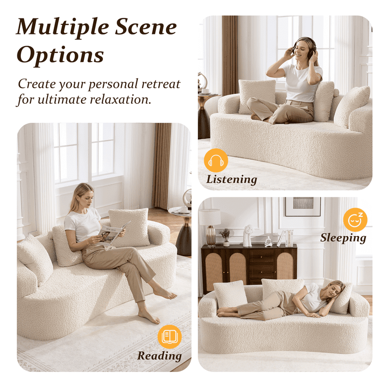 ATHOPE 86" Curved Cloud Couch, Boneless Sofa for Small Space, Plush Teddy Fabric Modern Couch with 3 Throw Pillows, Comfy Floor Love Seat for Living Room, Bedroom, White