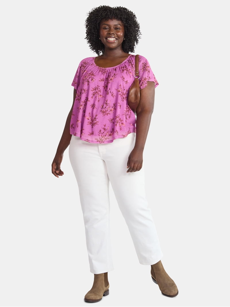 Terra & Sky Women's Plus Size Crepe Mesh Top with Flutter Sleeves