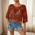 thumbnail image 4 of Sewkxo Women's Boho Sheer Beach Cover Up, Plain Fringe Cut Out Scallop Trim 3/4 Sleeve Round Neck Cover Up for Beach Vacation,Red 2XL, 4 of 4