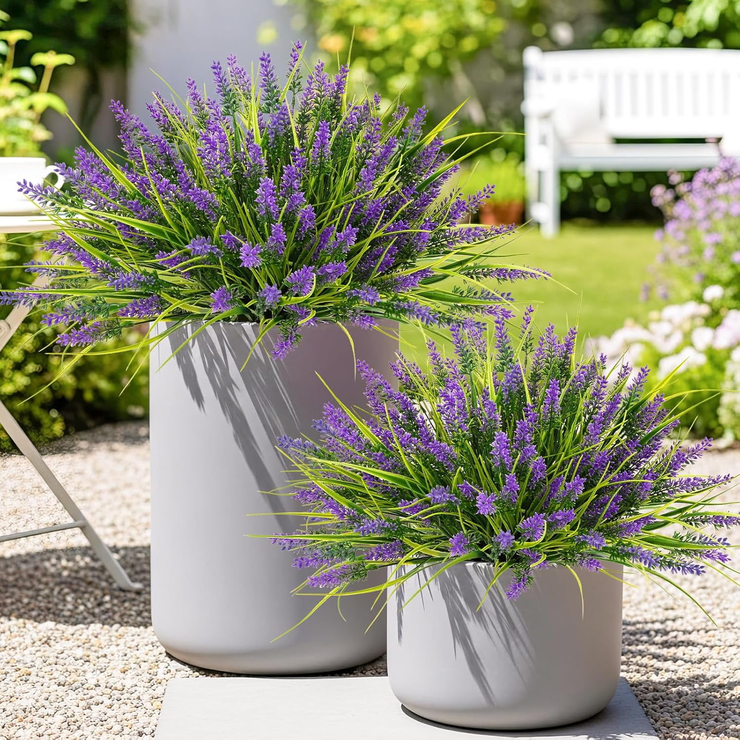 N&T NIETING Artificial Plants Outdoor, 20 Bundles Fake Monkey Grass with Spring Flowers, UV Resistant Faux Plants for Garden Window Office Patio Hanging Planter Pathway Front Porch Home(Purple)