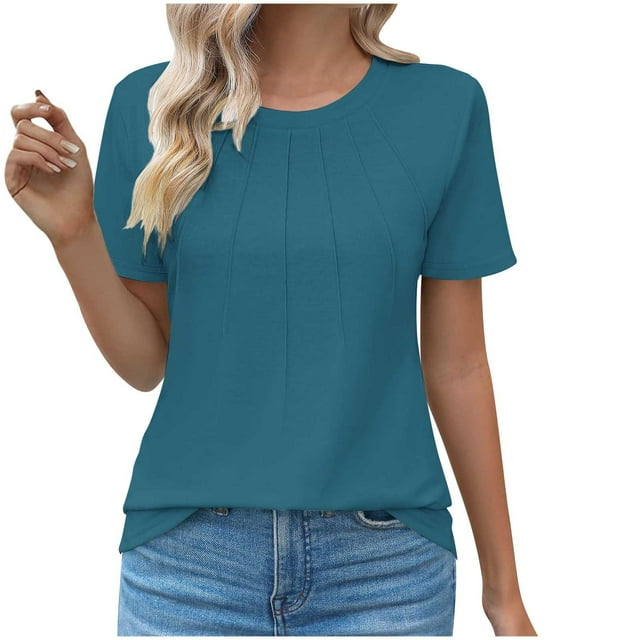 Liquidation Staron Hauts d'Été pour Femmes, Tuniques Plissées Unies, Col Rond, T-Shirt Chic Décontracté à Manches Courtes, Chemisiers Amples d'Été, Chemises, Cadeaux pour Femmes, Bleu Marine, TG