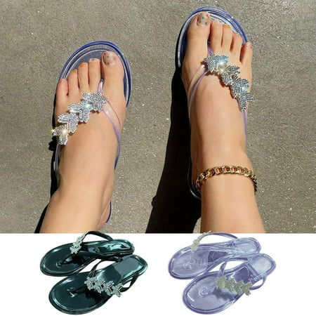 Cethrio Sandals for Women Flats Shoes- Wide Width on Clearance Flat Slides Sandal Strap with Rhinestone Flip Flops Comfy Soles Clear Dressy Sandals/ Slides Size 5.5