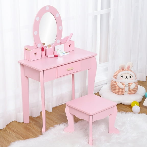 Juiluna Girls' Vanity Table and Chair Set, Kids Makeup Dressing Table with Wood Makeup Playset Toy, Kids Vanity Set with Mirror & Drawer for Age 4 - 9, Pink