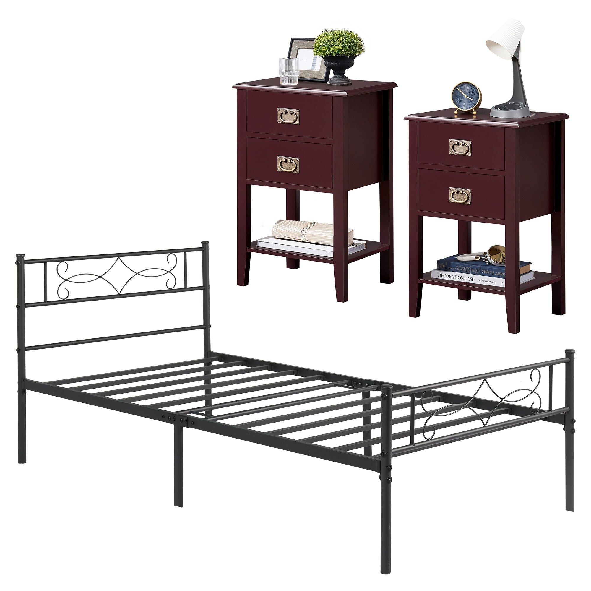 3Piece Modern Bedroom Set with Bed and 2Drawer Wood Nightstands Set