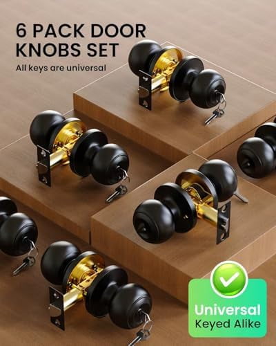 6 Pack Door Knob with Lock, Keyed Same Entry Door Knobs, Interior and Exterior Round Ball Door Lock for Front Bedroom or Bathroom, Door Knobs Matte Black Finish