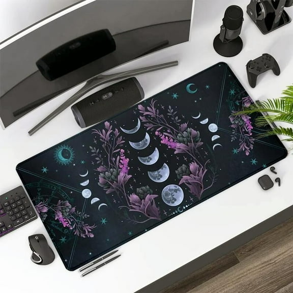 Mystic Moon Phases Flower Mouse Pad Modern Fantasy Gaming Large Desk Pad Computer Keyboard Mousepad with Non-Slip Rubber Base Stitched Edge Best Gift for Boyfriend and Girlfriend