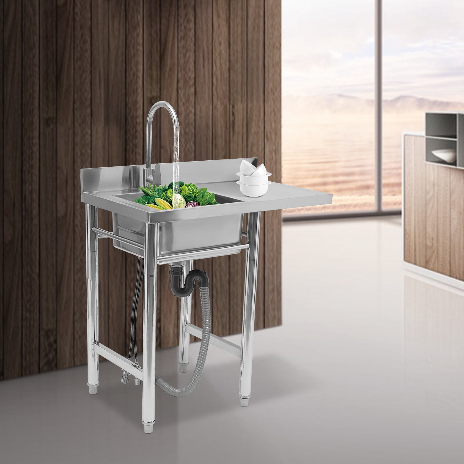 Dwellnix Freestanding Stainless Steel Sink with Drainboard, Large Deep Basin, Hot & Cold Water Faucet, and Adjustable Feet – Perfect for Kitchen & Laundry Room