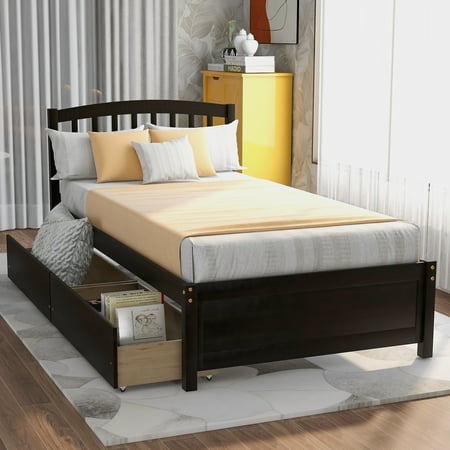 Platform Bed with Storage Drawers  Kids Twin Size Bed Frame No Box Spring Needed  Wood Platform Beds with Headboard and Two Drawers  Modern Single Bed Bedroom Furniture  Espresso  J1164