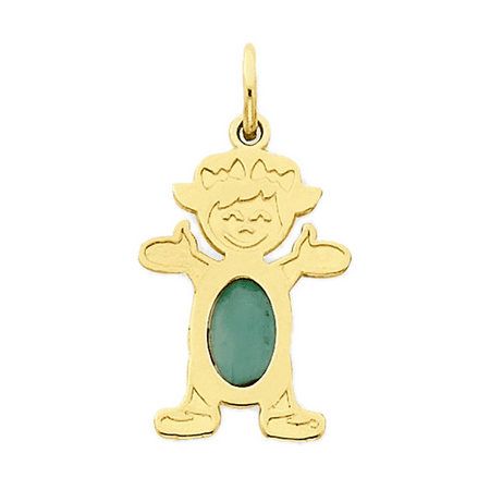 Little Girl Birthstone Charm - 14K Yellow Gold Waving Little Girl Emerald Pendant Charm - 12x21MM