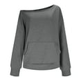 thumbnail image 3 of ZQUUVOU Women's Off The Shoulder Tops Fall Solid Color Cotton Sweatshirts Long Sleeved Pullover Jacket with Pocket Gray, 3 of 6