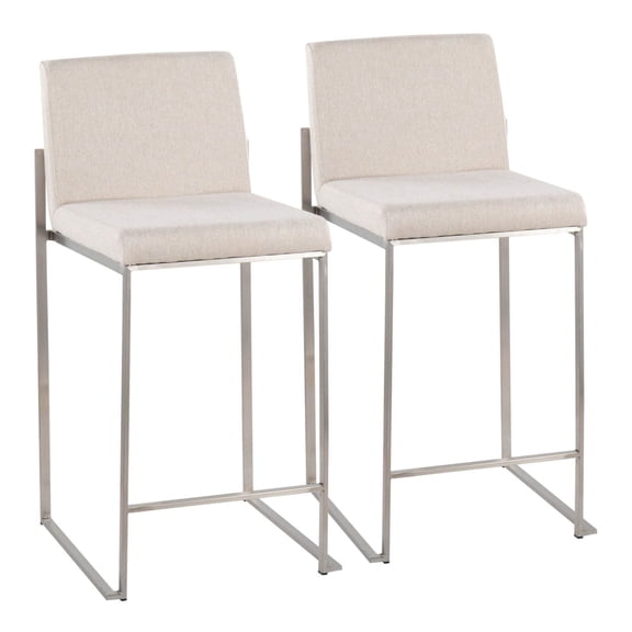 Fuji Contemporary High Back Counter Stool In Stainless Steel And Beige Fabric - Set Of 2