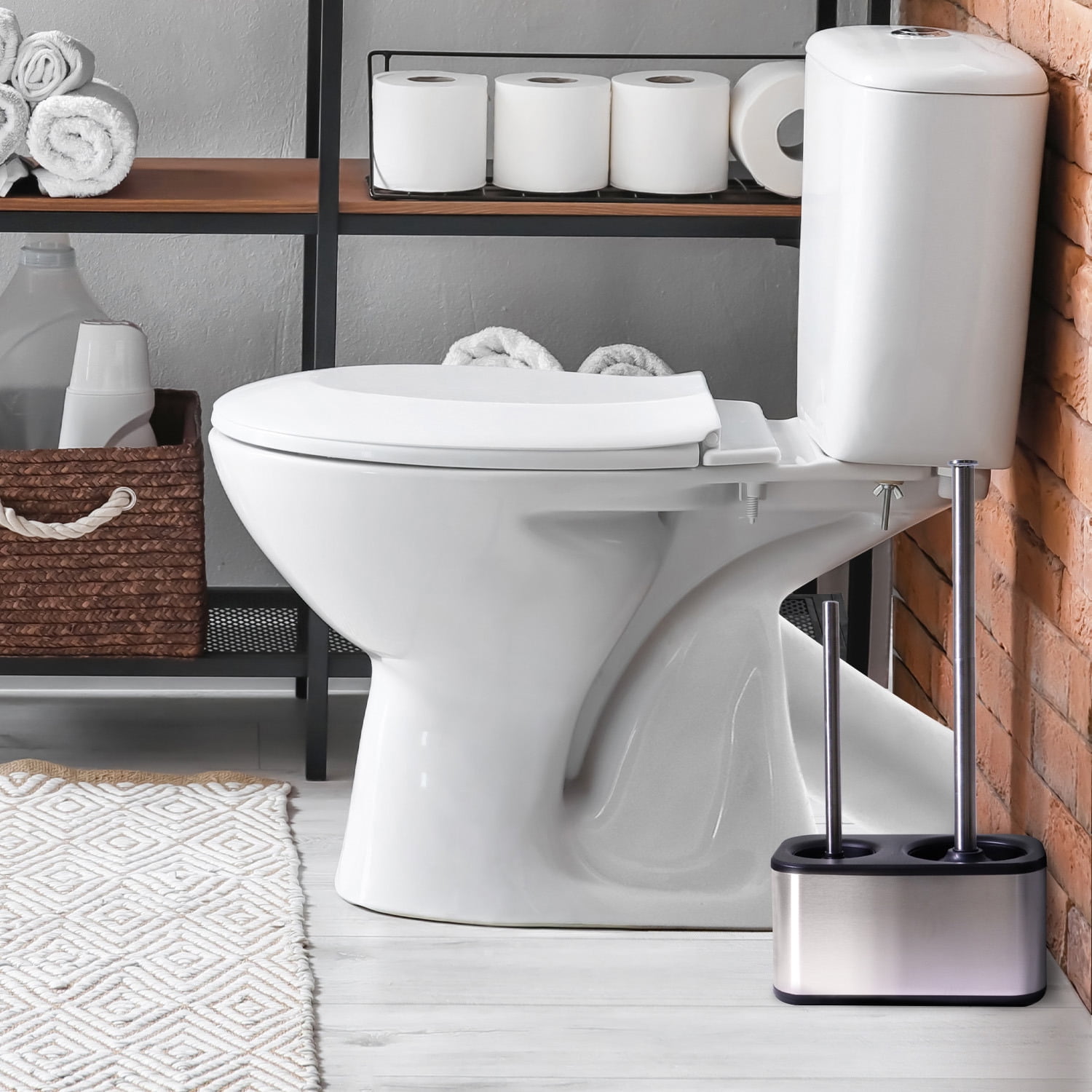 modern sleek toilet bowl brush and Toilet plunger combo - Stainless