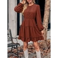 thumbnail image 3 of Liacowi Women's Summer A-Line Dress Solid Color Swiss Dot Long Sleeve Round Neck Tunic Waist Knee Length Dress, 3 of 9