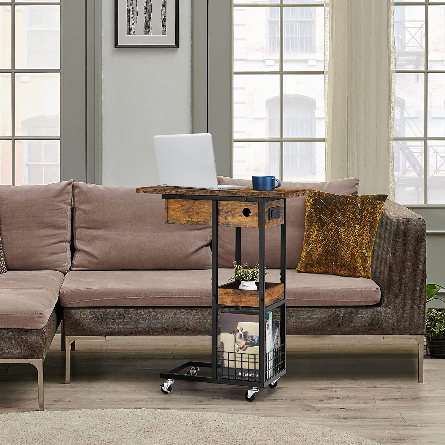 Oumilen Western Home C Shaped Small End Table with Storage Basket Rolling Casters in Rustic Burnt Wood, Build-In Fast Charging Station with USB Ports