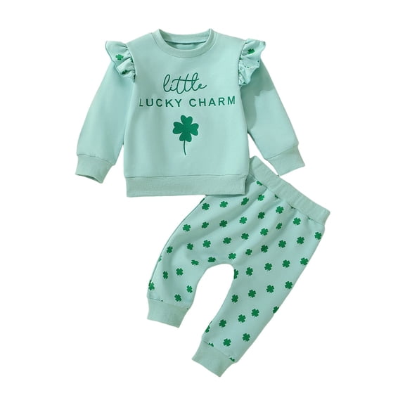 Staki Toddler Baby Girl St Patricks Day Outfit Ruffle Sleeve Letters Print Lucky Charm Sweatshirt Pants Headband 3Pcs Set St Patricks Day Outfits for Girls 3M,6M,12M(Green,6-12 Months)