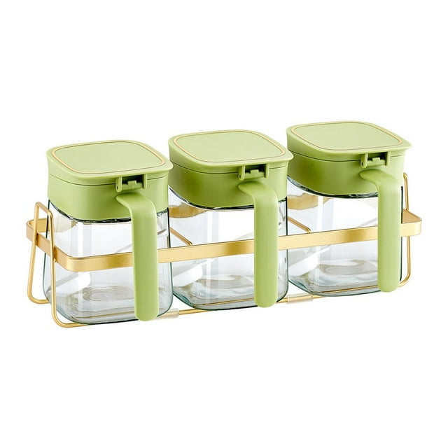 1 Set Seasoning Jar Waterproof Large Capacity Good Sealing Visual Glass Flip Lid Seasoning Box Set with Spoons Kitchen Supplies
