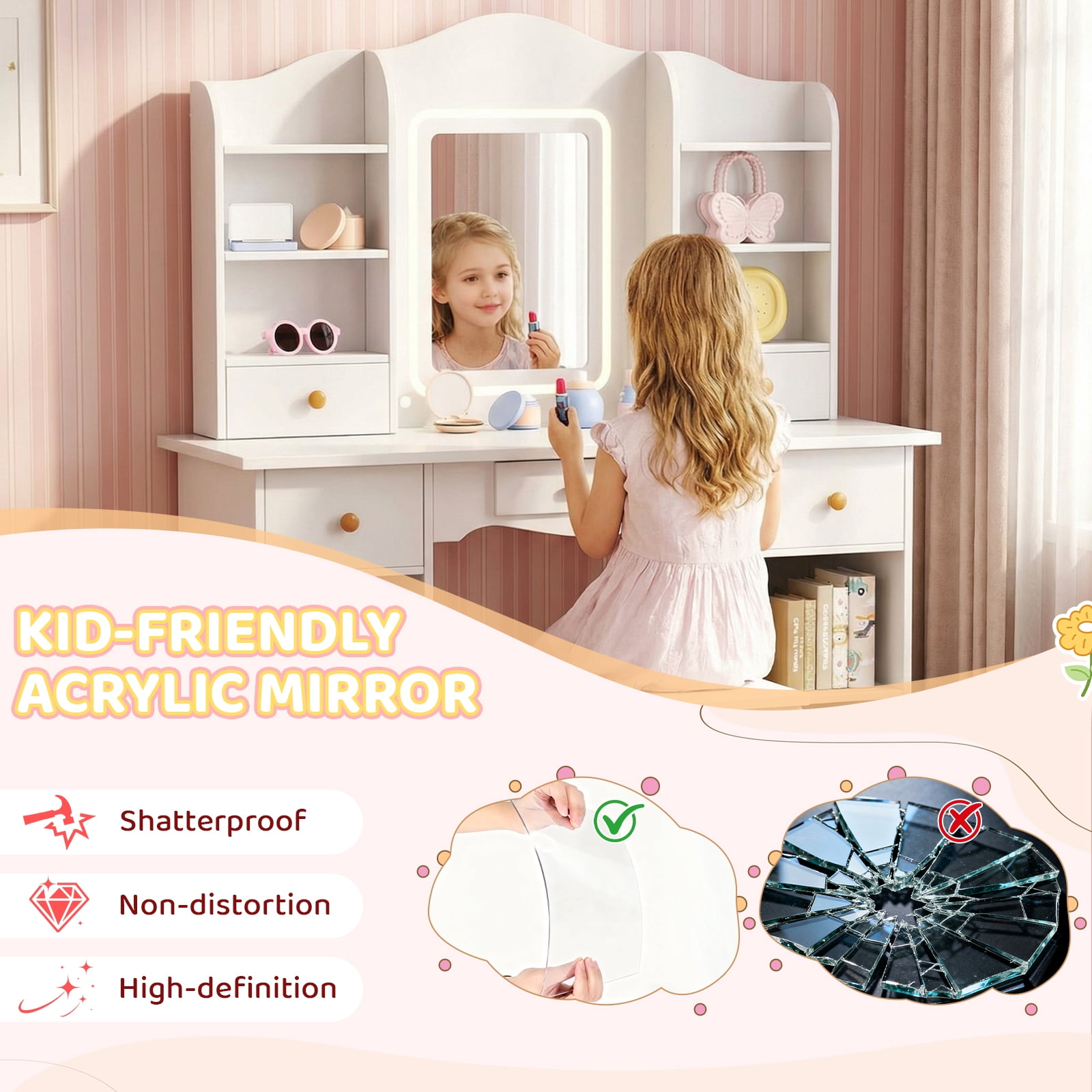Pirecart 2 in 1 Kids Vanity Set, Pretend Play Makeup Desk with Mirror＆ Drawer, 3 Color Lights, Large Storage, Detachable shelf, White