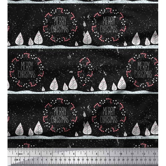Soimoi Tissu Satin Crêpe Noir Japon Baies Rouges & Joyeux Noël Imprimé au Mètre 42 Pouces de Large