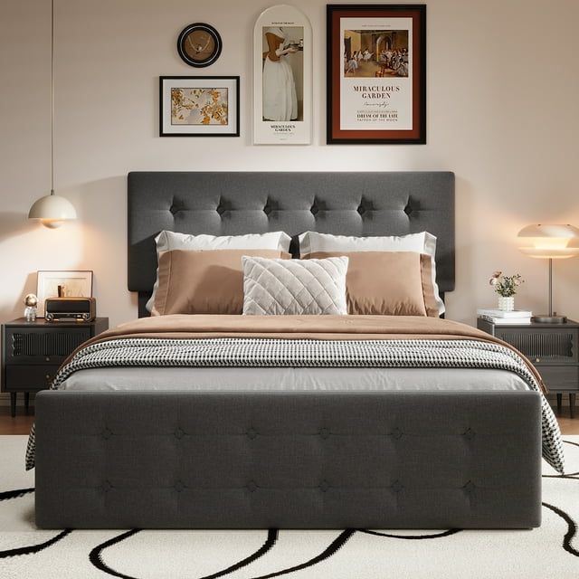 Garvee Full Size Bed Frame with 4 Drawers and Adjustable Headboard, Linen Fabric Upholstered Platform Bed with Button Tufted Design, No Box Spring Needed, Strong Wooden Slats, Dark Grey