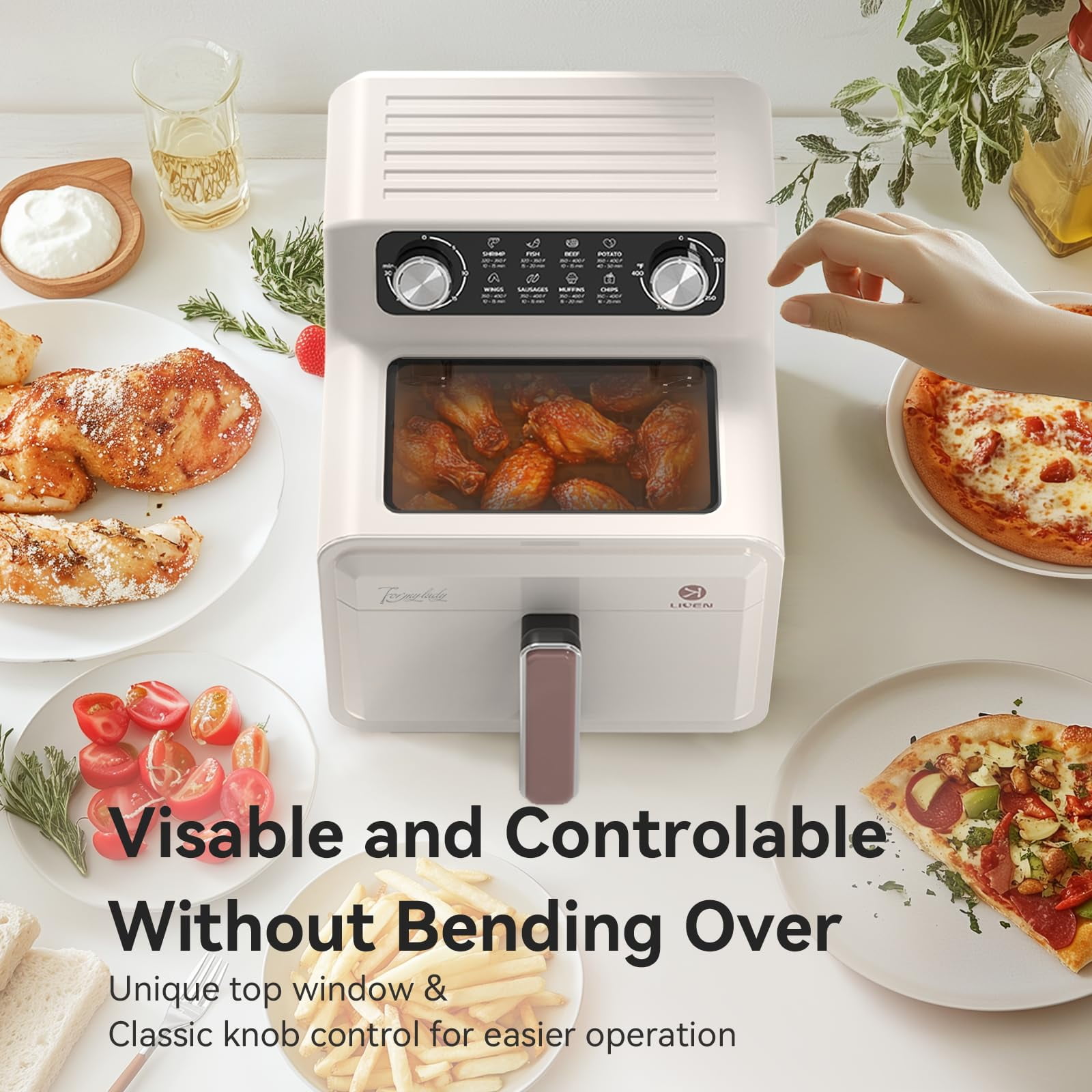 LIVEN Large Air Fryer 7 QT, Airfryer Family Size with 8 Preset Cooking, Viewing Window, Easy Clean, Low-noise for Quick Easy Meals French Fries Drumsticks Steak Bacon Fish Shrimp Cake, White