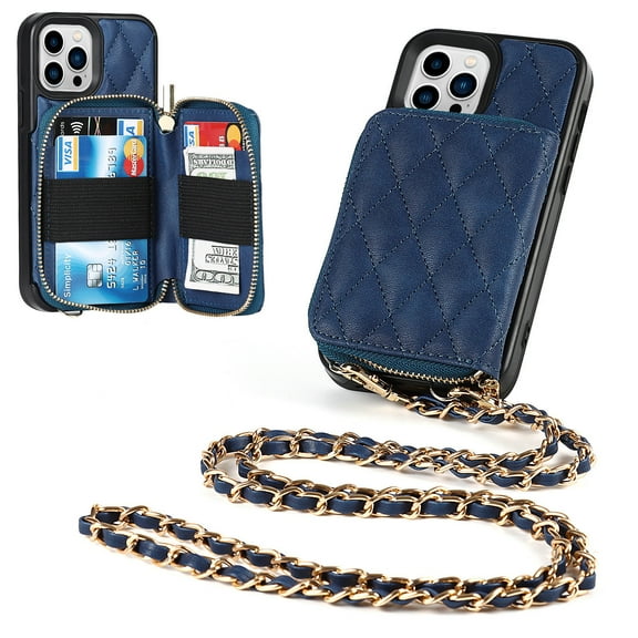 Mantto Wallet Case for iPhone 13 Pro Max, Shockproof Detachable Wrist Strap with Shoulder Strap Zipper Purse Leather Case Cover,Blue