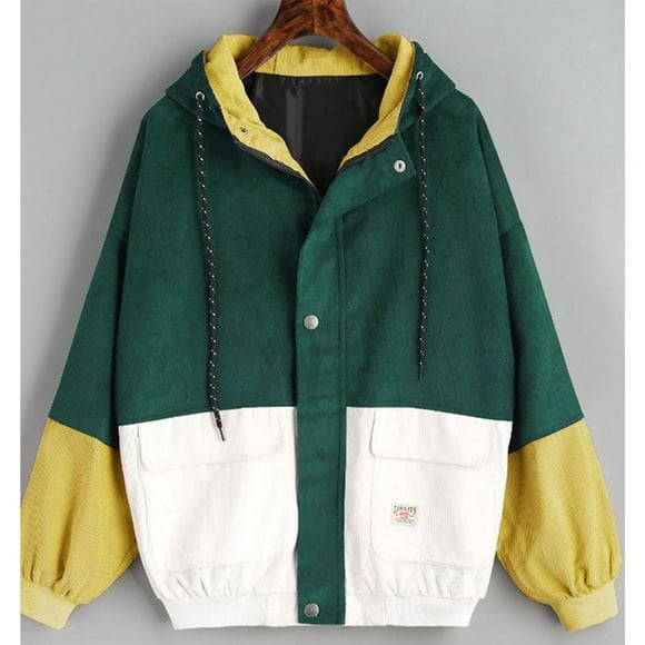 CPOKRTWSO New Fashion All-Match College Style Student BF Loose Casual Color Matching Hooded Baseball Uniform Corduroy Work Jacket Female