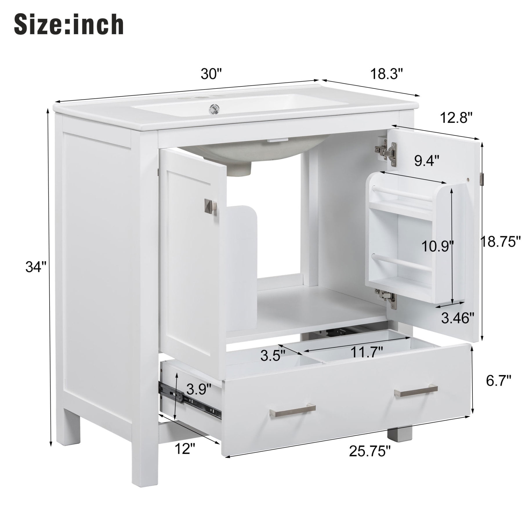 Harper & Bright Designs 30" White Bathroom Vanity with Single Sink, Bathroom Combo Cabinet Undermount Sink with 2 Doors and a Drawer, Soft Closing, Multifunctional Storage, Solid Wood Frame