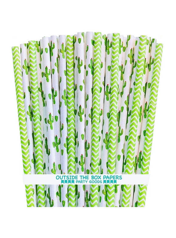 100 Cactus Print and Lime Chevron  Paper Straws