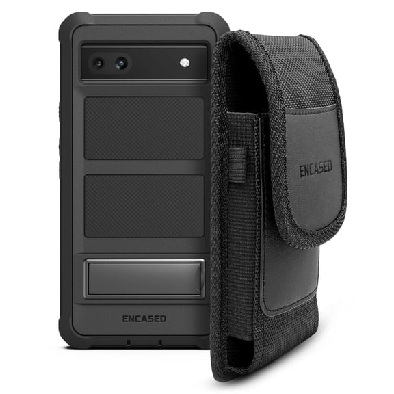 Encased Belt Pouch Holster with Case for Pixel 6a, Protective Full Body Kickstand Cover with Built-In Screen Protector Phone Holder (Google 6a) Black