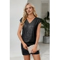 thumbnail image 2 of V Neck Sequin Short Sleeve Tops for Women Elastic Sparkly Tank Top Black L, 2 of 6