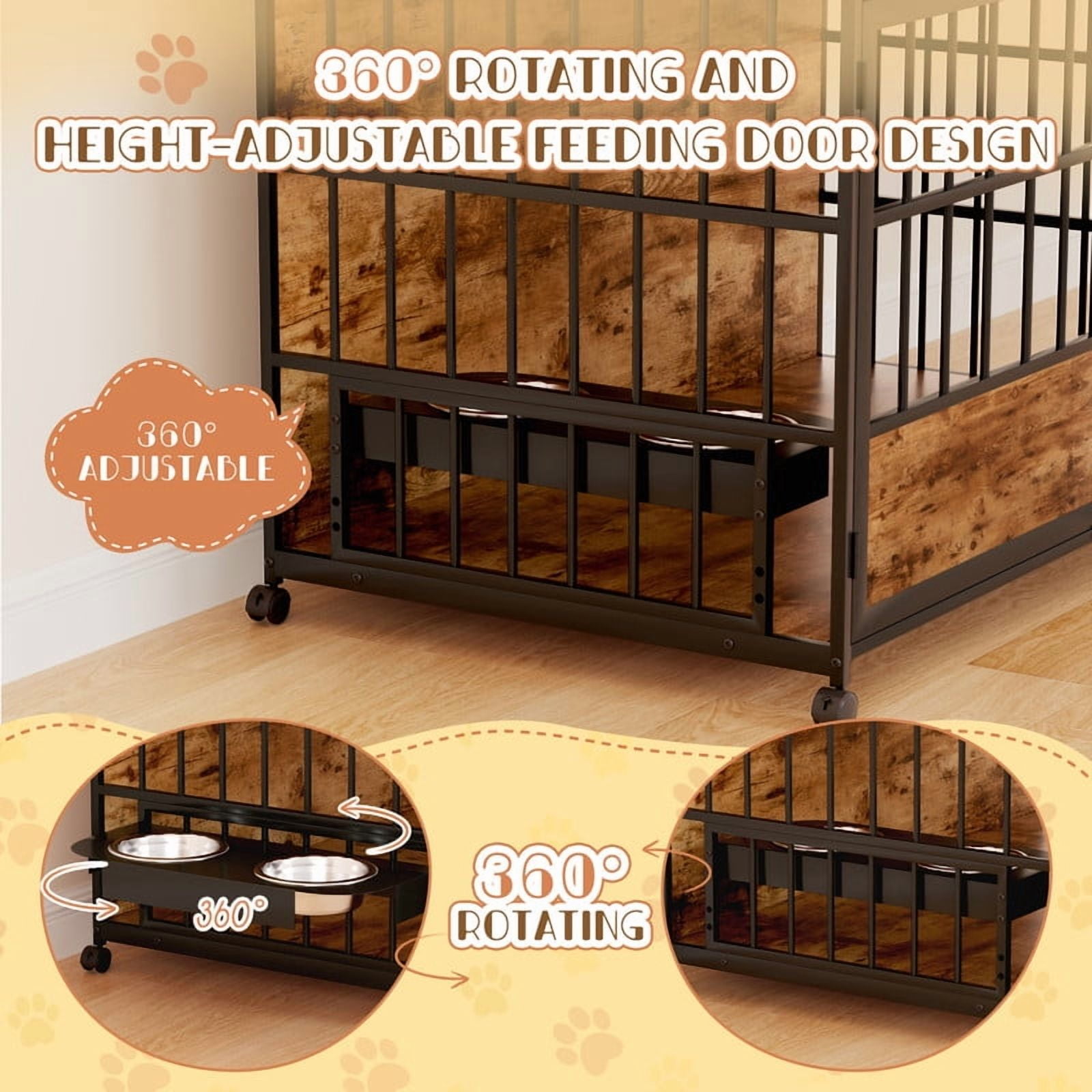 Homall 44.1" Wooden Furniture Style Crate for Dog with Dual Desktops, Rounded Side Armrests, Multi-Color LED Lights