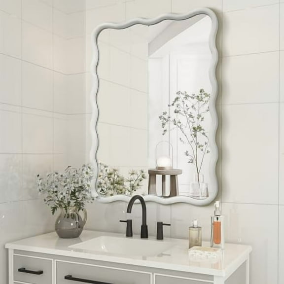 White Wavy Mirror Solid Wood- Squiggly Mirror Vanity Mirror Wall Decor Modern Mirror Wall Decor for Bathroom, Bedroom, Living Room, Dining Room, Cloakroom, Entryway