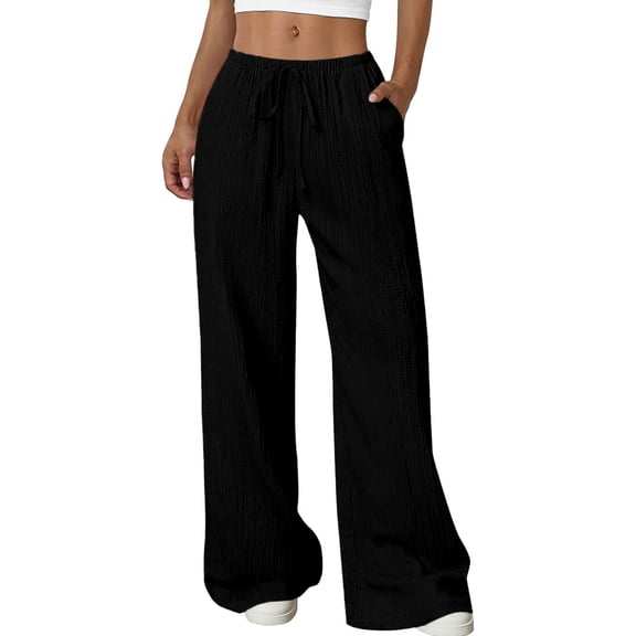 DOKOTOO Palazzo Pants for Women Wide Leg Elastic Waist Linen Pants Casual Loose Lounge Beach Trousers with Pockets