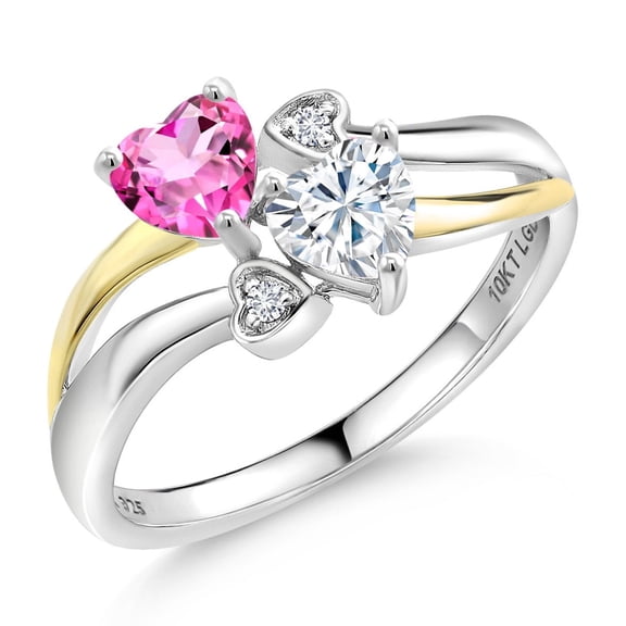 Gem Stone King 925 Silver and 10K Yellow Gold Pink Mystic Topaz and White Moissanite and White Lab Grown Diamond Ring for Women (1.04 Cttw, November Birthstone, Heart Shape 5MM, Size 9)