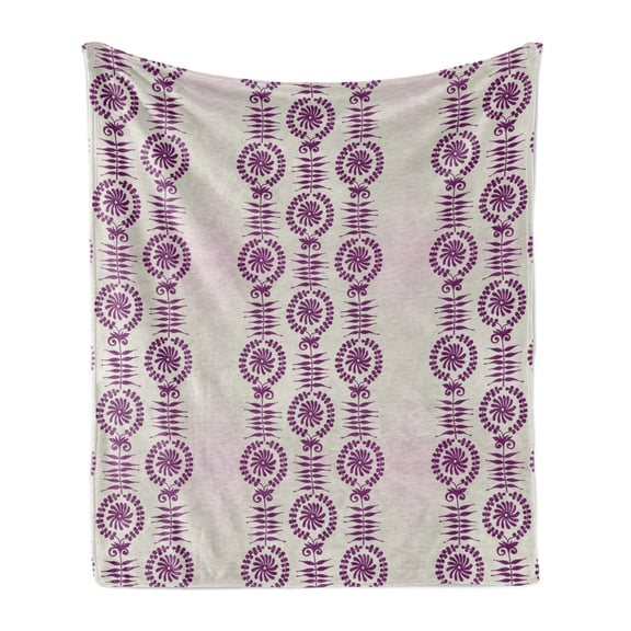 Floral Soft Flannel Fleece Blanket, Repetitive Vertical Aligned Floral Peduncles Leaves Corolla Delicate Pattern, Cozy Plush for Indoor and Outdoor Use, 60" x 80", Pale Taupe Purple, by Ambesonne
