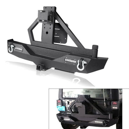 Jeep Bumper Tire Carrier - GZYF Black Textured Rear Bumper with Tire Carrier & LED Lights & Hitch Receiver & 2 D-Rings for 07-16 Jeep Wrangler JK Off Road
