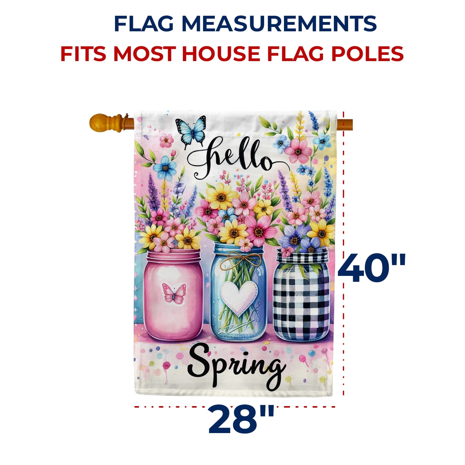 America Forever Spring Floral Mason Jar House Flag, 28x40 inch Double Sided, Butterfly Flower Hello Spring Yard Decoration, Seasonal Holiday Decorations for Outside