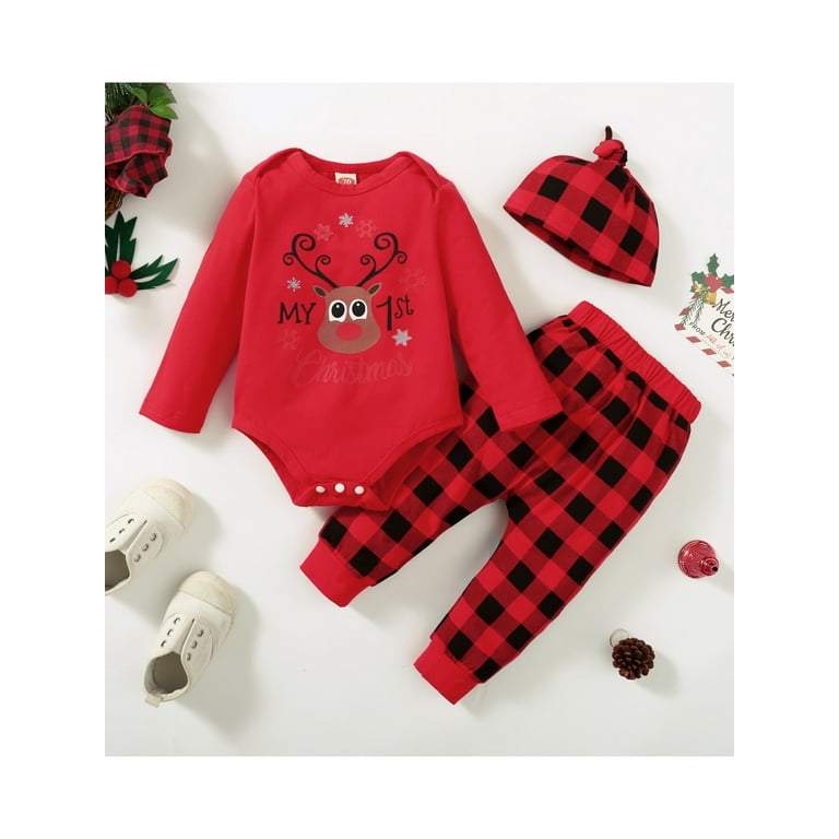 Baby Boy Girl Newborn First Christmas Clothe Romper Pant Hat Outfit  4Xpieces Set