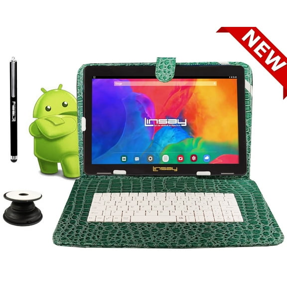 LINSAY 10.1" Octa Core 4GB RAM 128GB Storage Android 13 Tablet with Luxury keyboard Green Crocodile Style Leather Keyboard Google Certified BUNDLE