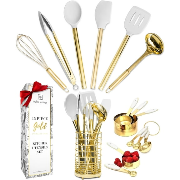 Styled Settings White and Gold Kitchen Utensils Set - 15-Piece Non-Scratch, White and Gold Utensils Set Includes White Silicone Cooking Utensils and White and Gold Measuring Cups and Spoons