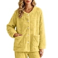 thumbnail image 3 of Women's Sleepwear Cardigan, Fleece Long Sleeve Button Front Jacket with Pockets, Warm Lounge Sleep Top, Cozy Home Indoor Wear | VerBelle,Yellow S, 3 of 9