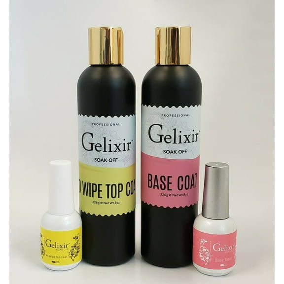 GELIXIR LED/UV Soak off Gel - Bundle Base Coat & No-wipe Top coat Refill 8 & 0.5 fl. oz