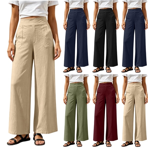 LIaqionyy Pants for Women's Wide Leg Elastic Waist Casual Loose Lounge Vacation Pant Work Trousers with Pockets